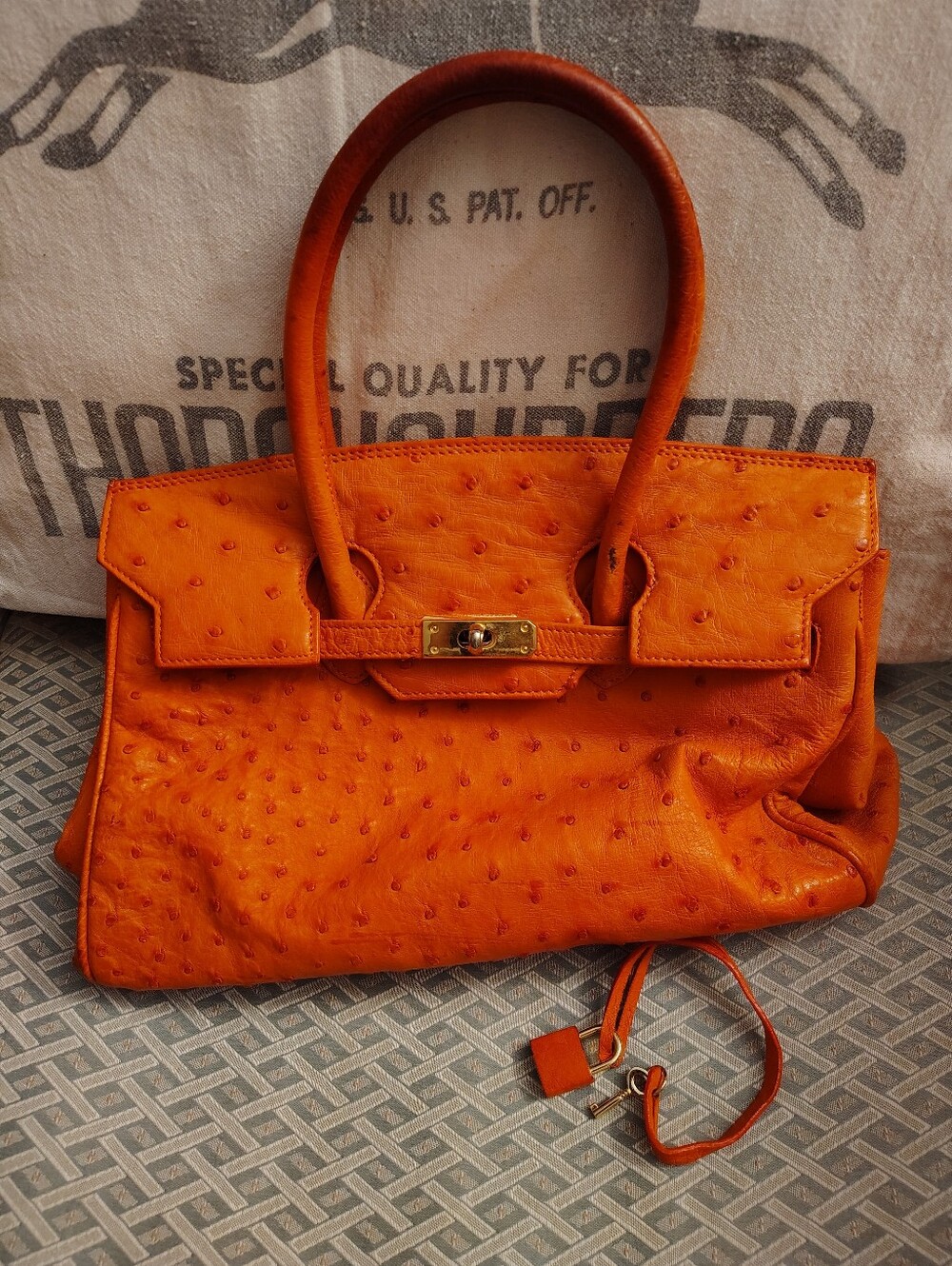 Orange Ostrich-Texture Tote Bag